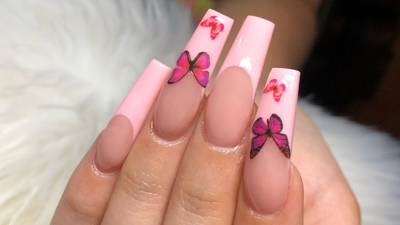 Pink French Tip w/ Butterflies | All Acrylic | Acrylic Nails Tutorial