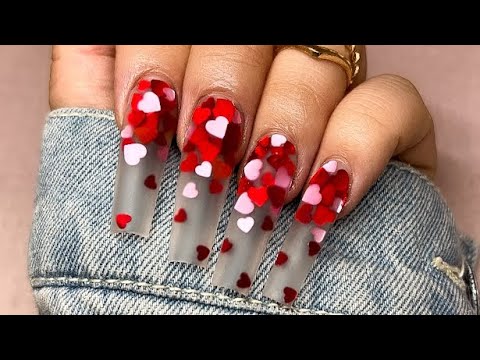 Acrylic Nail Encapsulation | Valentine Nail Designs | Long Coffin Nails | Red & Pink Hearts
